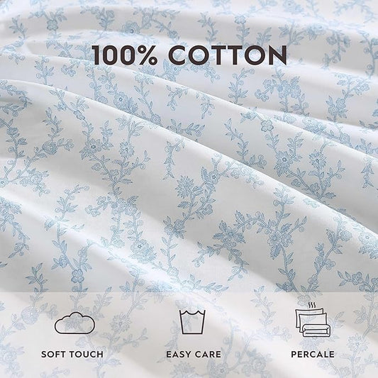 Laura Ashley - Standard Pillowcase Set, Breathable Percale Cotton Bedding, Floral Home Decor (Victoria Blue, 2 Piece)