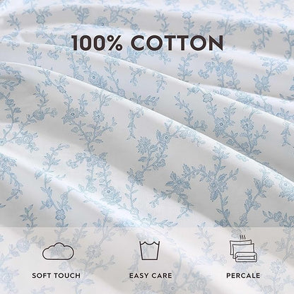 Laura Ashley - Twin Sheet Set, Breathable Percale Cotton Bedding, 200 Thread Count, Floral Home Decor (Victoria Blue, Twin)
