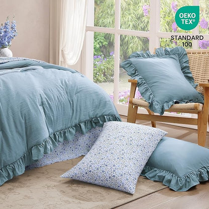 Oversized Queen Comforter Set - 7 Pieces Ruffle Blue Bedding Sets, Shabby Chic Farmhouse Bed in a Bag with Ruffle Comforter, Floral Sheets, Pillowcases & Shams
