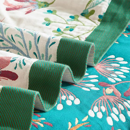 Boho Throw Blanket for Bed 80”x90”, 100% Cotton Woven Blanket for Couch Sofa, Ultra Soft 4-Layer Muslin Quilt with Floral Printed, Farmhouse Bed Blanket/Cover for Living Room Decor