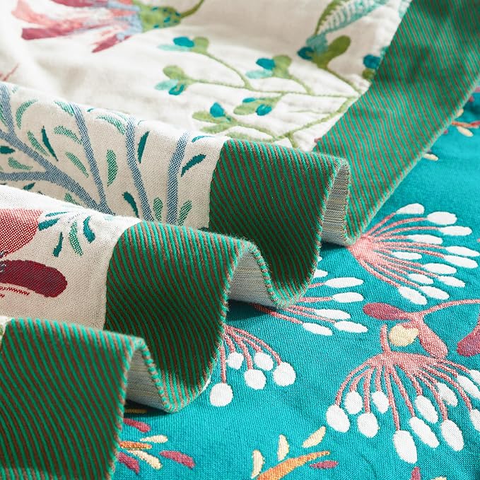 Boho Throw Blanket for Bed 90”x98”, 100% Cotton Woven Blanket for Couch Sofa, Ultra Soft 4-Layer Muslin Quilt with Floral Printed, Farmhouse Bed Blanket/Cover for Living Room Decor
