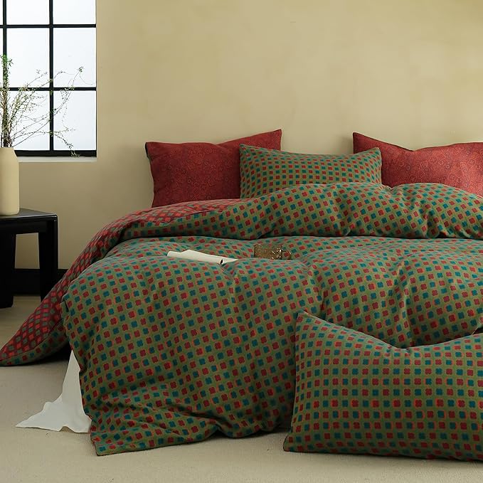BISELINA 100% Cotton Muslin Duvet Cover Set Queen, 3 Pcs Yarn-Dyed Jacquard Textured Vintage Geometric Checkered Pattern, Soft and Breathable Bedding Set with Zipper Closure, Green Red
