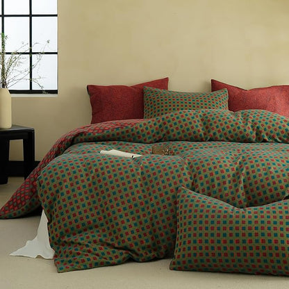 BISELINA 100% Cotton Muslin Duvet Cover Set Queen, 3 Pcs Yarn-Dyed Jacquard Textured Vintage Geometric Checkered Pattern, Soft and Breathable Bedding Set with Zipper Closure, Green Red
