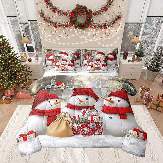 Cartoon 3D Snowman Comforter Set Bed in a Bag 7 Pieces King,Retro Farmhouse Christmas Theme Bedding Set,Witer Snow Watercolor Gifts (Comforter+Fitted+Flat Sheet+2 Pillowcases+2 Throw Pillow Covers)