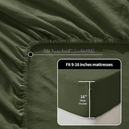 LBRO2M 100% Pure Linen Sheet Set Deep Pocket Up to 16" Bed Sheets Sets, Natural Flax Beddings Soft, Breathable, Comfortable for All Seasons 6 Pcs Sheet Set King Size, Olive Green