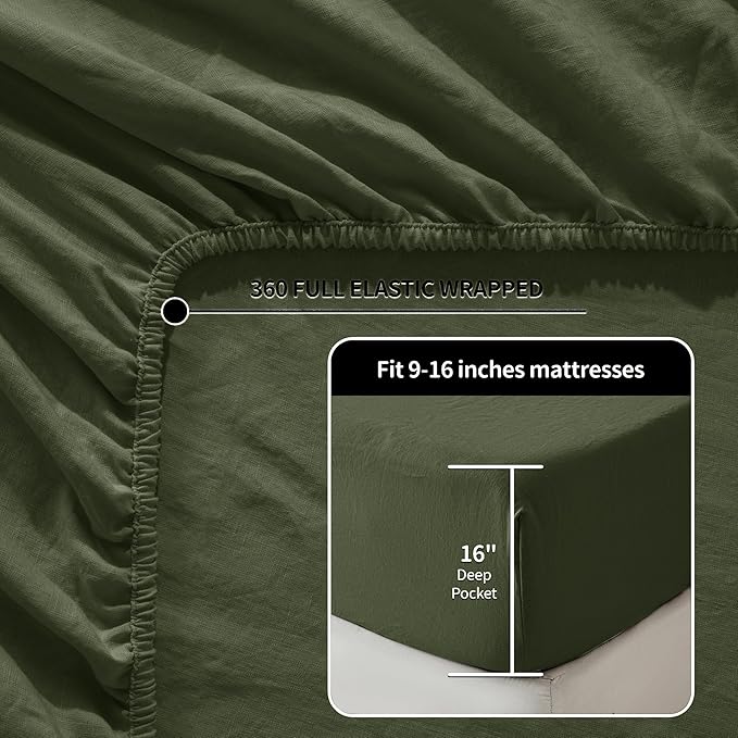 LBRO2M 100% Pure Linen Sheet Set Deep Pocket Up to 16" Bed Sheets Sets, Natural Flax Beddings Soft, Breathable, Comfortable for All Seasons 4 Pcs Sheet Set Full Size, Olive Green