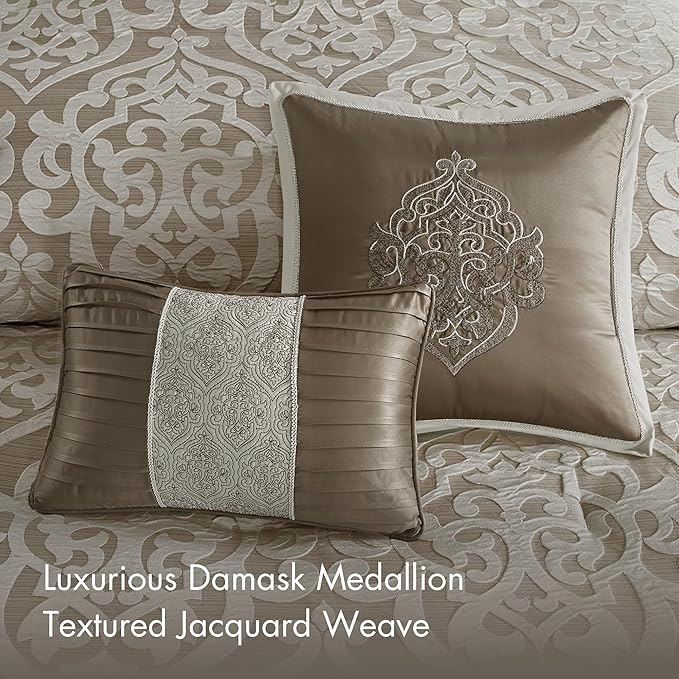 Madison Park Odette Cozy Comforter Set Jacquard Damask Medallion Design - Modern All Season, Down Alternative Bedding, Shams, Decorative Pillows, Queen(90 in x 90 in), Tan 8 Piece