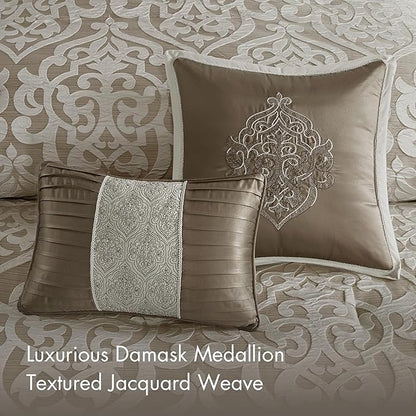 Madison Park Odette Cozy Comforter Set Jacquard Damask Medallion Design - Modern All Season, Down Alternative Bedding, Shams, Decorative Pillows, Queen(90 in x 90 in), Tan 8 Piece