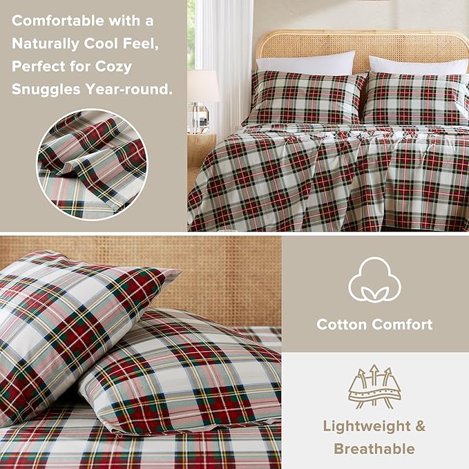 Comfort Spaces 100% Cotton Sheets Cal King, Breathable, Naturally Cool Cotton Sheets, Cotton Bed Sheets 14" Elastic Pocket Fits up to 16" Mattress, All Seasons Sheet Set, Scottish Plaid Red 4 Piece