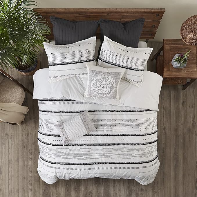 INK+IVY Nea 100% Cotton Duvet Set Mid Century Modern Design, All Season Comforter Cover Bedding Set, Matching Shams, King/Cal King, Stripes Teasel White 3 Piece