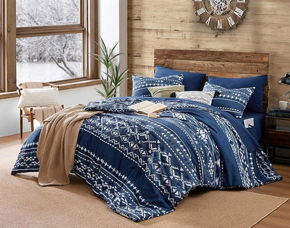 Geniospin Full Comforter Set - 7 Pieces Comforters Full Size, Fluffy Boho Bedding Sets for All Seasons, Bed in a Bag with Flat Sheet and Fitted Sheet, Pillowcase & Sham (Blue, 80''x90'')