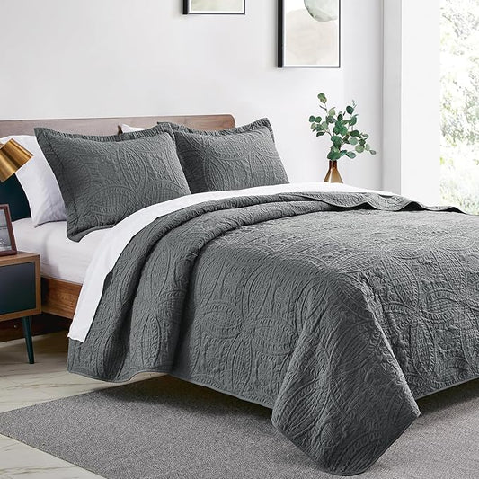 Love's cabin Oversized King Size Quilt Bedding Set Dark Grey Bedspreads - Oversized King Lightweight Bedspread Comforter - Coin Pattern Coverlet for All Season - 3 Pieces (1 Quilt, 2 Pillow Shams)