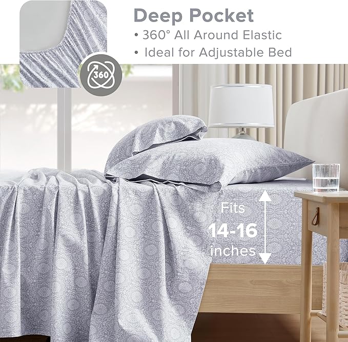 Comfort Spaces 100% Cotton Sheet Set Breathable, Lightweight, Soft with 14" Elastic Pocket Fits up to 16" Mattress, All Season Cozy Bedding, Matching Pillow Case, Full Adelia Gray 4 Piece