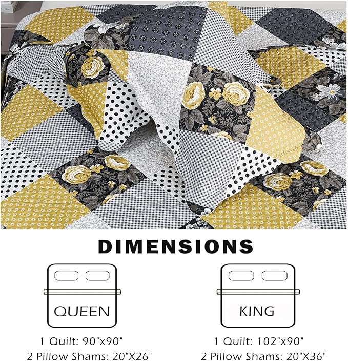 Cmfshape Summer Floral Queen Bedspread,Romantic Khaki Quilt Set Full,Reversible Stitched Bedding Set All Season,Soft Lightweight Coverlet with Pillow Cases (Khaki&Dark, Queen90 x90)