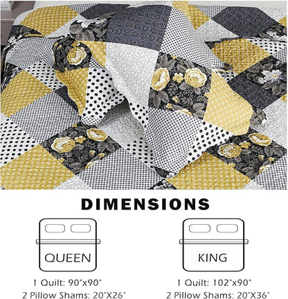 Cmfshape Summer Floral Queen Bedspread,Romantic Khaki Quilt Set Full,Reversible Stitched Bedding Set All Season,Soft Lightweight Coverlet with Pillow Cases (Khaki&Dark, Queen90 x90)
