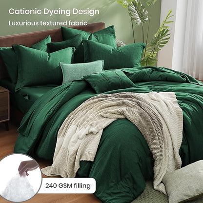 Monbix King Size Comforter Set, Emerald Green King Bedding Set Reversible, King Comforter Set 7 Pieces, Cationic Dyeing Bed in a Bag with Comforter, Sheets, Pillowcases & Shams