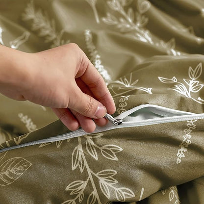 MUXHOMO Duvet Cover King Size, Reversible Floral Olive Green Duvet Cover Set with Zipper Closure, 3 Pieces Botanical Patterns Soft Microfiber Bedding Set (90"x104", 2 Pillow Cases 20"×36")