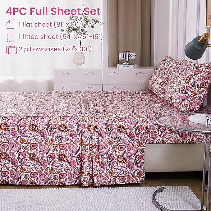 Softan Pink Paisley Floral Full Sheet Set, Cozy Boho Microfiber Printed Fitted Bed Sheet with 15" Deep Pockets & Non-Slip Straps, Girls Patterned Double Sheets & Pillowcase Set