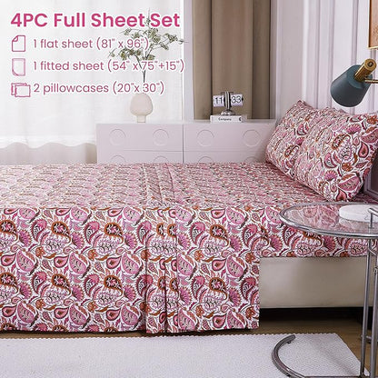 Softan Pink Paisley Floral Full Sheet Set, Cozy Boho Microfiber Printed Fitted Bed Sheet with 15" Deep Pockets & Non-Slip Straps, Girls Patterned Double Sheets & Pillowcase Set