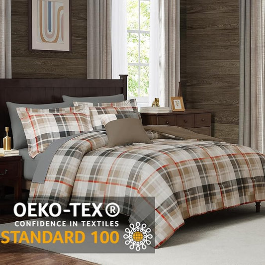 MaiRêve Plaid Queen Comforter Sets Khaki, Classic Farmhouse Bedding Set Bed in A Bag 7 Pieces, Lightweight All Season Comforter Set with Fitted & Flat Sheet, Pillowcases & Shams