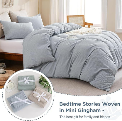 TOCOMOA Mini Gingham Blue Duvet Cover Bedding Set 100% Washed Cotton Like Linen Feel Super Soft Comfortable 3 Piece Small Plaid Checkered Comforter Cover Set (King 104"x90", Comforter Not Included)