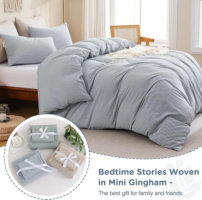 TOCOMOA Mini Gingham Blue Duvet Cover Bedding Set 100% Washed Cotton Like Linen Feel Super Soft Comfortable 3 Piece Small Plaid Checkered Comforter Cover Set (Queen 90"x90", Comforter Not Included)