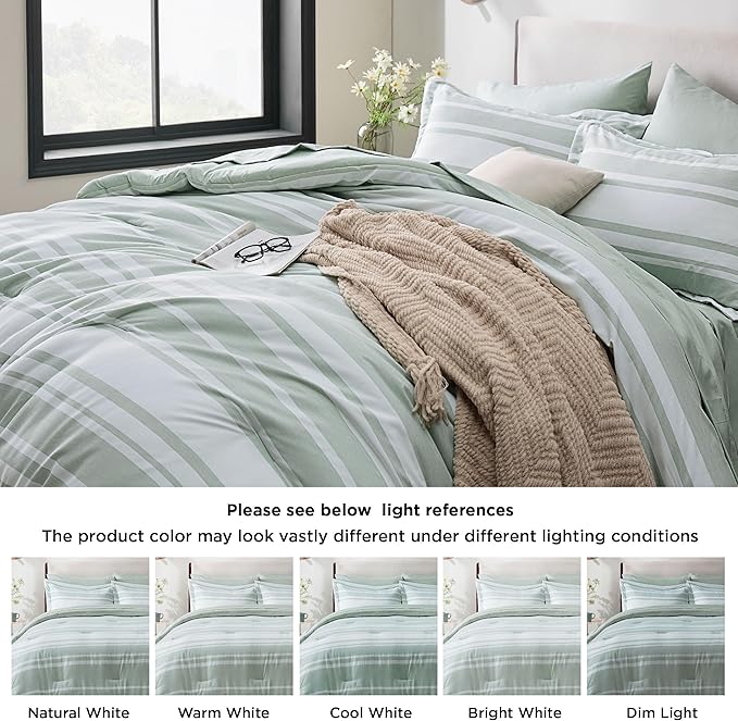 Bedsure Queen Comforter Set 7 Pieces, Sage Green Striped Bedding Set for All Seasons, Reversible, Cationic Dyeing Bed in a Bag with Comforter, Sheets, Pillowcases & Shams