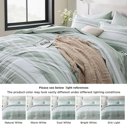 Bedsure King Comforter Set 7 Pieces, Sage Green Striped Bedding Set for All Seasons, Reversible, Cationic Dyeing Bed in a Bag with Comforter, Sheets, Pillowcases & Shams