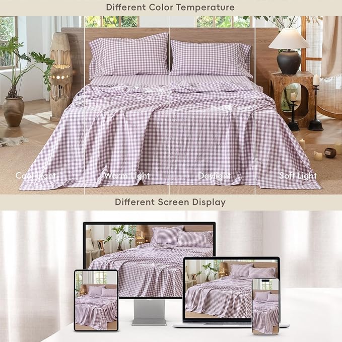 MooMee Gingham Sheet Set 100% Washed Cotton Linen Like Textured Breathable Soft w/Fully Elasticized 16-19" Deep Pocket (Classic Gingham Light Purple, King)