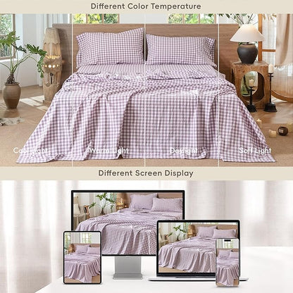 MooMee Gingham Sheet Set 100% Washed Cotton Linen Like Textured Breathable Soft w/Fully Elasticized 16-19" Deep Pocket (Classic Gingham Light Purple, King)