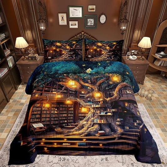 Mysterious Bookshelf Comforter Set Toddler Size 2 Pcs,Trees and Books Bedding Set,Fantasy Fairy Tale Style Quilt Set for Child Bedroom,Duvet Insert,1 Pillowcase
