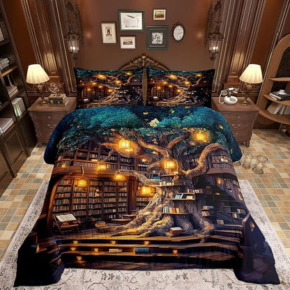 Mysterious Bookshelf Kids Comforter Set,Fantasy Fairy Tale Style Down Alternative Adults Room Decor,Trees and Books Ultra Soft Microfiber Inner Fill 3Pcs Bedding Queen Size