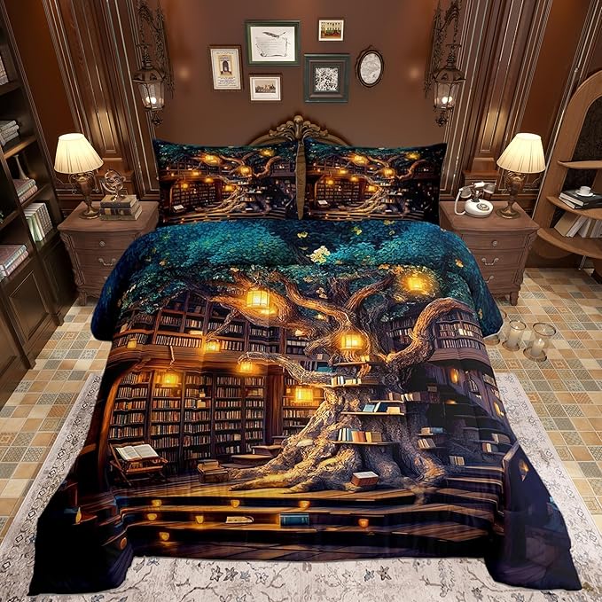 Mysterious Bookshelf Bedding Set for Boys Girls,Fantasy Fairy Tale Style All Season Cozy Comforter Set Full Size,Trees and Books Duvet Set Bedroom Decor,Festival Gifts