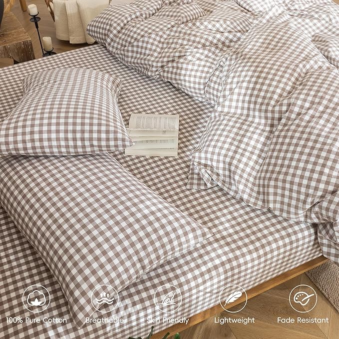 MooMee Bedding Pillowcases Gingham Pack of 2 100% Washed Cotton Linen Like Textured Breathable Durable Soft Comfy (Classic Gingham Brown, King)