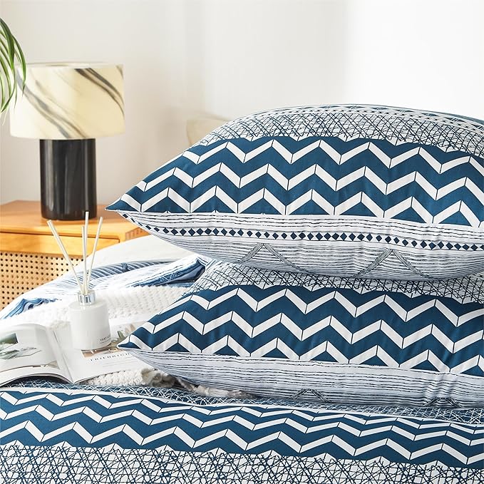 BOLINLIVING Twin Comforter Set Kids, Boho Stripe Comforter Set Twin Size, Twin Bed in a Bag Soft Bohomian Bedding Lightweight Breathable for All Seasons (Blue 66×90 inch)