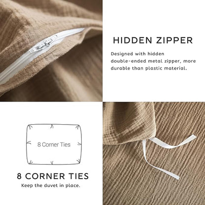 SE SOFTEXLY Muslin Duvet Cover Oversized King Size, 100% Washed Cotton Duvet Cover Set, Ultra Soft Comforter Cover Linen Like, 3 Pieces Gauze Duvet Cover with 2 Pillowcases, 98"x120", Light Brown