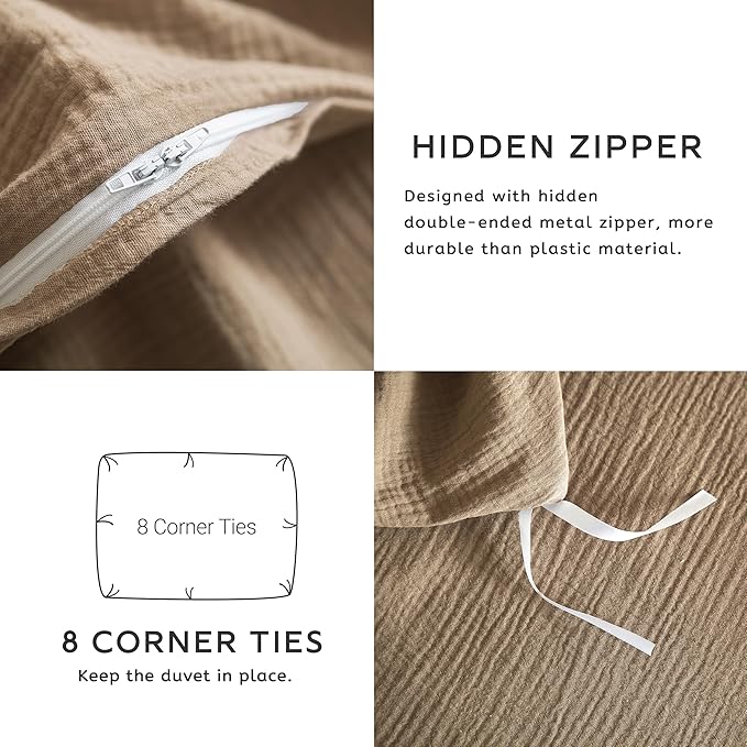 SE SOFTEXLY Muslin Duvet Cover Queen Size, 100% Washed Cotton Duvet Cover Set, Ultra Soft Comforter Cover Linen Like, 3 Pieces Minimalist Gauze Duvet Cover with 2 Pillowcases, 90"x90", Light Brown
