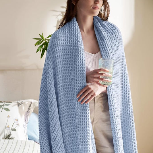 Bedsure Gentlesoft 100% Cotton Blanket Twin XL Size for College Dorm - Cooling Breathable and Soft for Spring Summer, Waffle Weave Twin Blanket for Bed, Dorm Room Essentials, Sky Blue, 66x90 inches