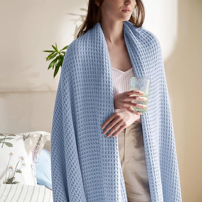 Bedsure Gentlesoft 100% Cotton Blue Blanket Queen Size for Bed - Cooling Breathable and Soft for Spring Summer, Thick Cozy Waffle Weave Blanket Gifts for Women, Sky Blue, 90x90 Inches