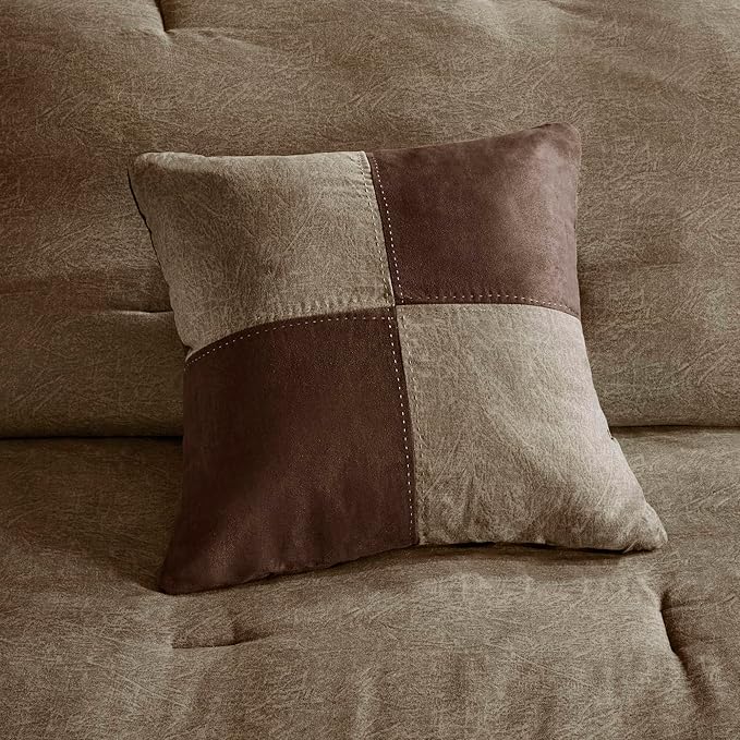 Madison Park Boone Cozy Comforter Set, Faux Suede, Deluxe Hotel Styling All Season Down Alternative Bedding Matching Shams, Decorative Pillow, Queen (90 in x 90 in), Rustic Brown 7 Piece