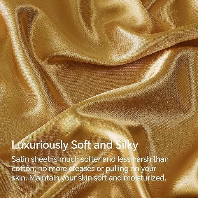 BEDELITE Satin Sheets Queen Size Bed Set, Luxury Soft Gold Silky Sheets for Hair and Skin, Similar to Silk Bed Sheets Set 4 Pieces with 1 Deep Pocket Fitted Sheet, 1 Flat Sheet, and 2 Pillowcases