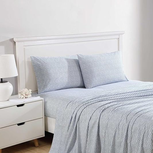 Nautica - Twin XL Size Sheet Set, Crisp & Tailored Cooling Sheets with a Smooth Cotton Percale Lightweight Feel - Bed Sheets with Matching Pillowcase & Fitted Sheet (Ikat Wave Blue)