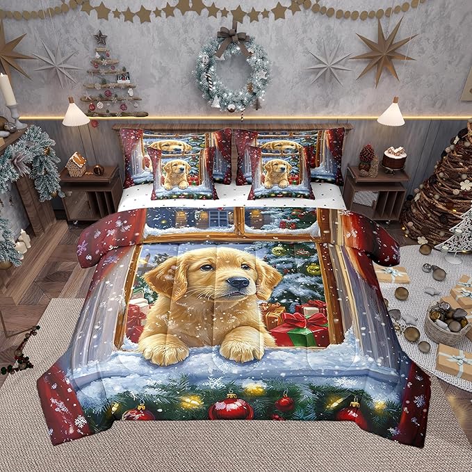 Castle Fairy Cute Dog Puppy 7 Pieces Bedding Set King Bed in a Bag,Watercolor Christmas Trees Bell Comforter Set,Kids Happy New Year Gifts Soft Warm Microfiber Bedding