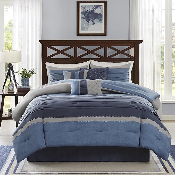 Madison Park - MP10-1638 Collins Comforter Set Bed in a Bag, Cal King(104"x92"), Blue Grey