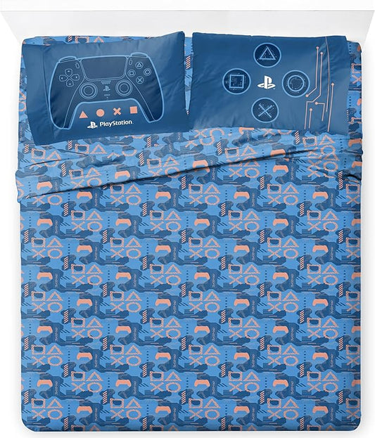 Jay Franco Kids Sheet Cartoon Set with Fitted, Flat Sheets & Pillow Cover - Ultra-Soft Bedding with Pillowcase for Room Decor, Blue - PlayStation, 4 Piece Full
