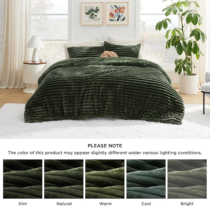 Bedsure Cal King Comforter Set - GentleSoft™ 3 Pieces Double-Side Fleece Fluffy Olive Green Comforter Set, Cozy Striped Room Decor Aesthetic, Luxury Cal King Bedding, 2 Pillowcases, 104x96 Inches