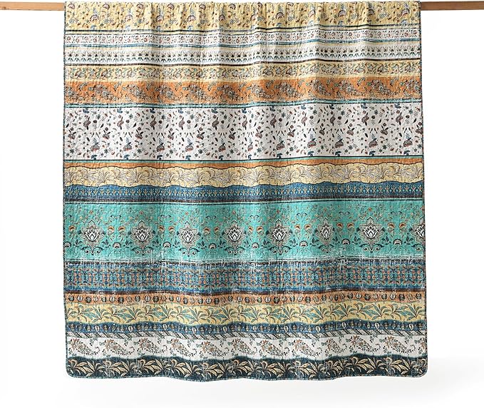 HORIMOTE HOME Boho Style Twin Size Quilt Set Yellow Bohemian Floral Strip Quilt Beddding Set, Soft and Lightweight Bedspread for All Season,XL Twin Bed Coverlet with 1 Matching Pillow Sham (2 Pieces)