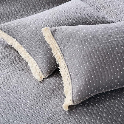 Levtex Home Cross Stitch Reversible Full/Queen Quilt Set (88x92in) and 2 Pillow Shams (26x20in) - Stitch Texture - Grey and White - Cotton Queen Size Quilt Bedding Set - Lightweight Soft Pre-Washed