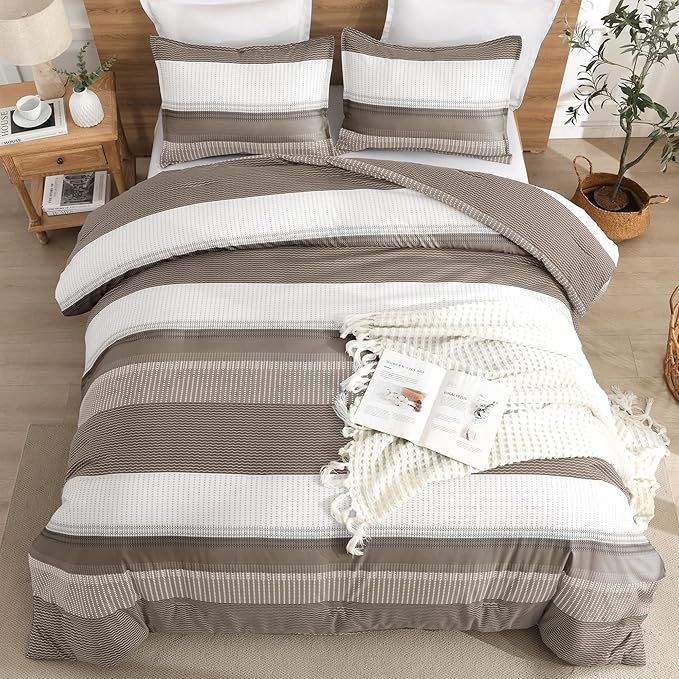 Litanika Comforter Set Full Size Hazel - 3 Pieces Lightweight Colorblock Stripe Fluffy Bedding Comforter Sets, All Season Bed Set