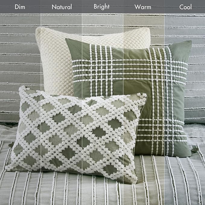 Madison Park Queen Comforter Set Cotton Clipped Jacquard, Oversized Comforters Queen Size Bed, All Season Down Alternative Overfilled Queen Size Comforter, Essence, Full/Queen Green 8 Piece